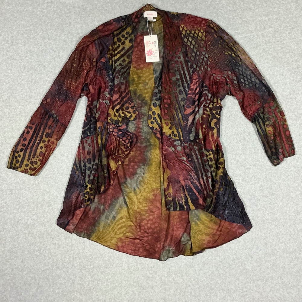 Kamana Women 2X Open Front Cardigan Abstract Print Earth Tones NWT